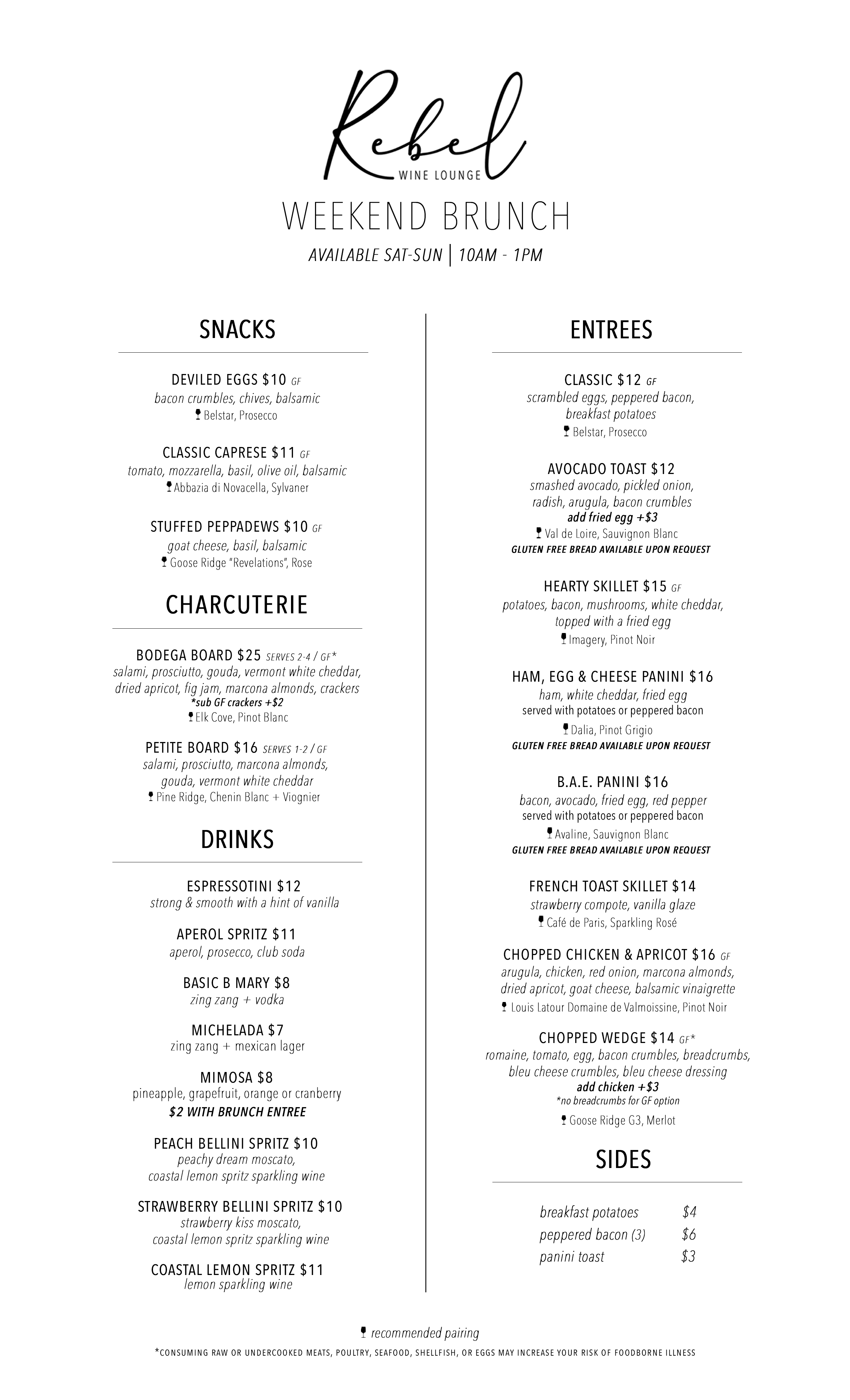 Rebel Wine Lounge Brunch Menu, downtown mesa
