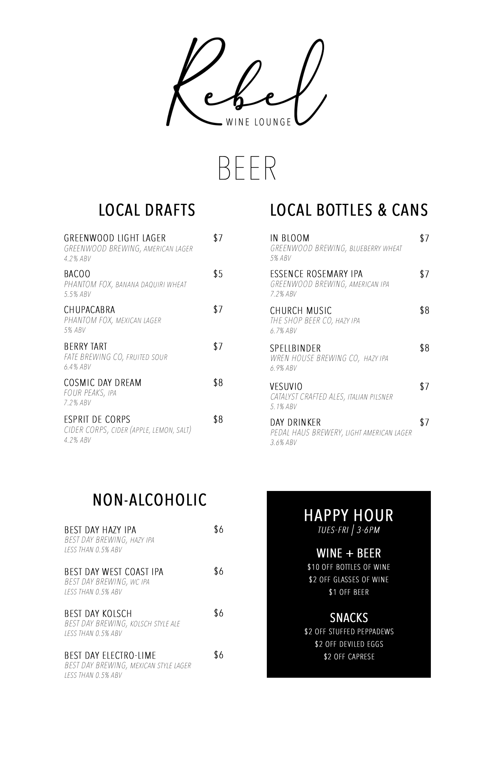 Beer Menu and Specials 09.16.25