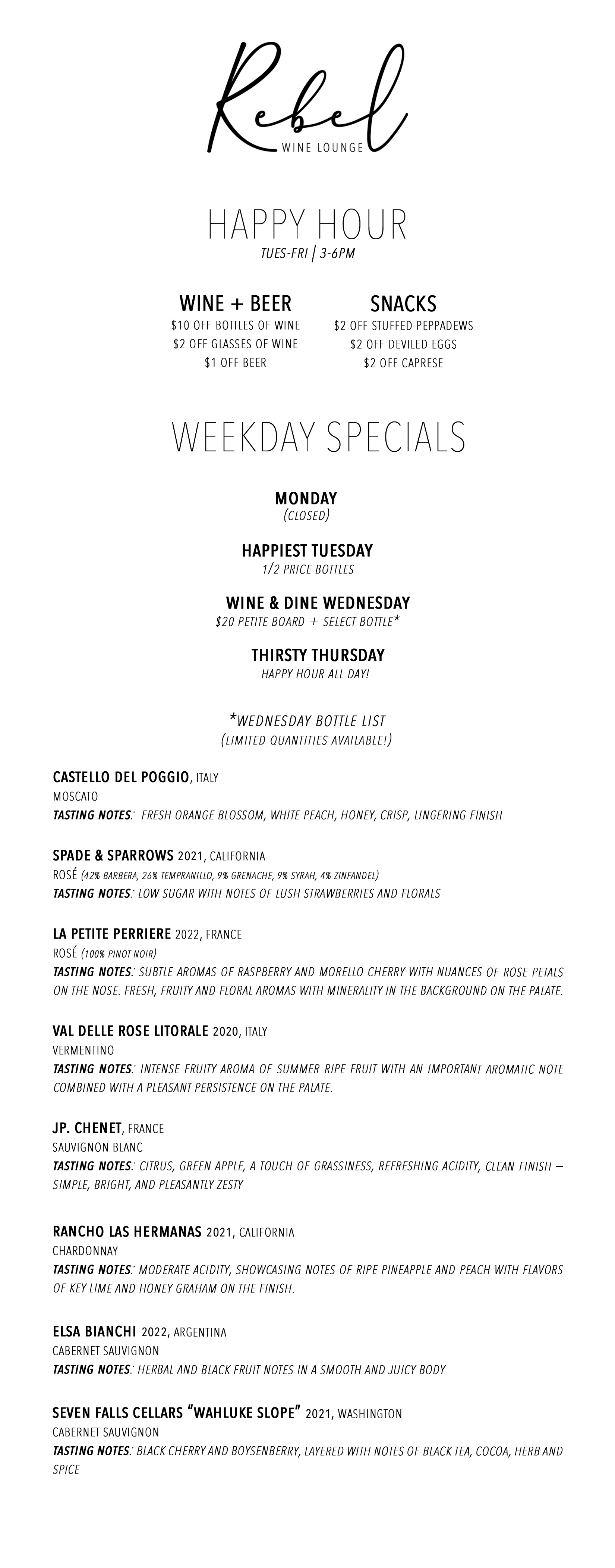 weekday specials and happy hour menu 10.07.25