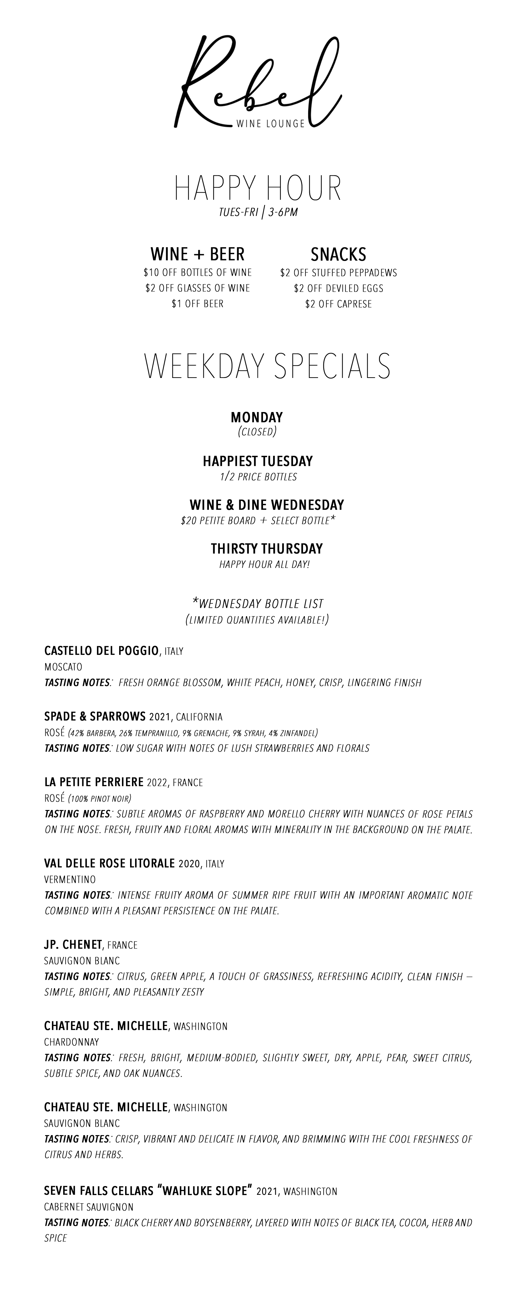 weekday specials and happy hour menu 11.05.25