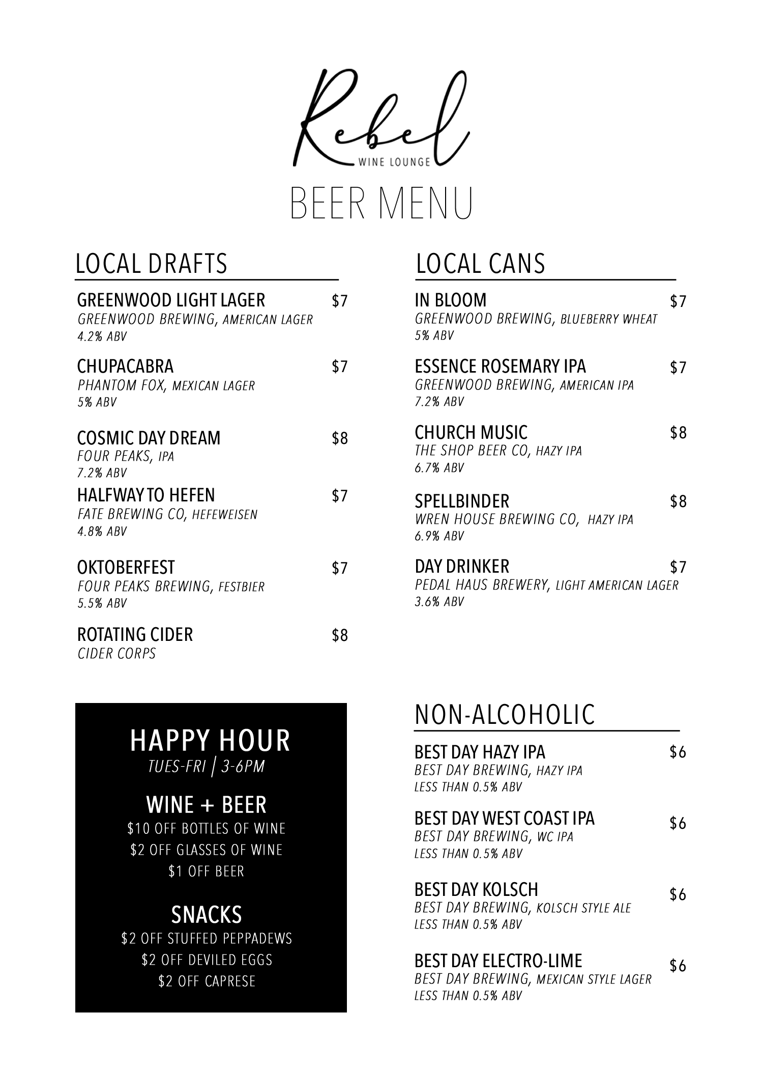 Beer Menu and Specials 11.26.25