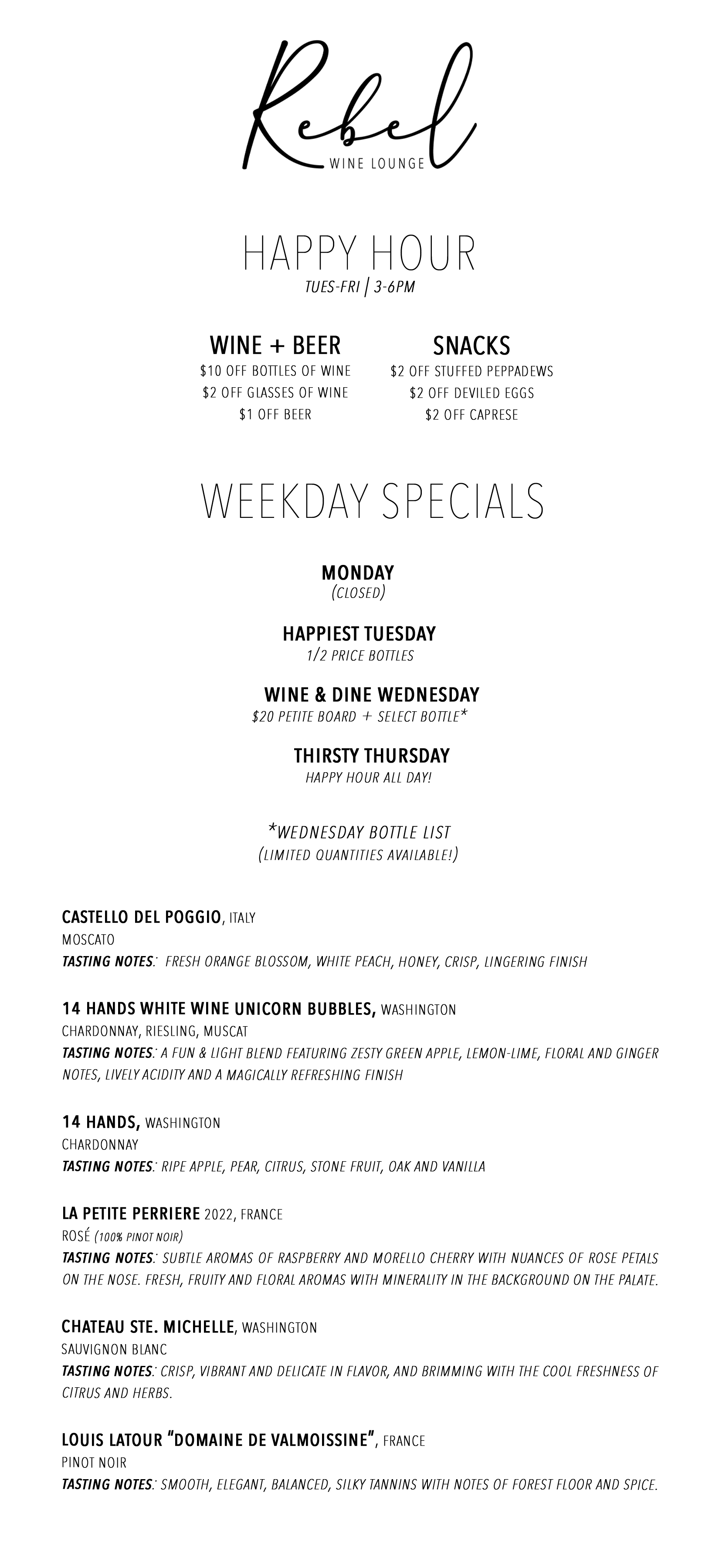 weekday specials and happy hour menu 12.03.25
