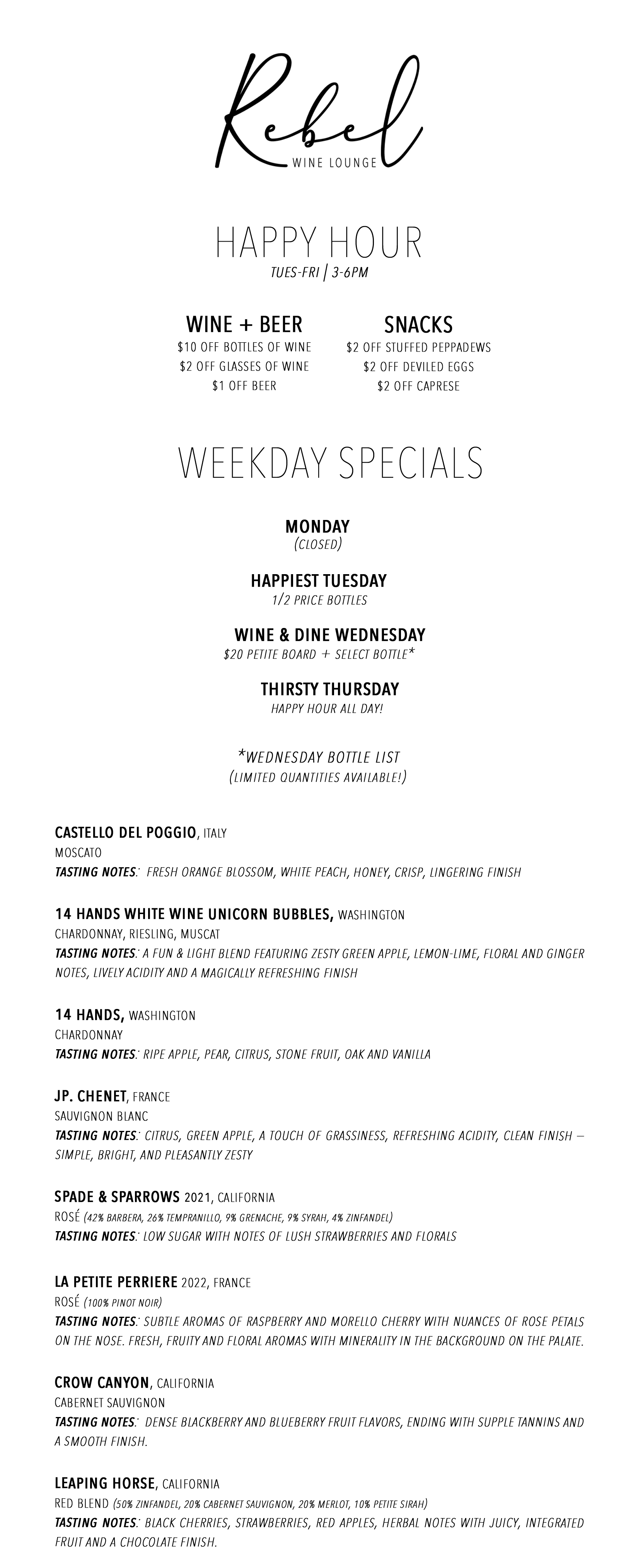 weekday specials and happy hour menu 12.10.25