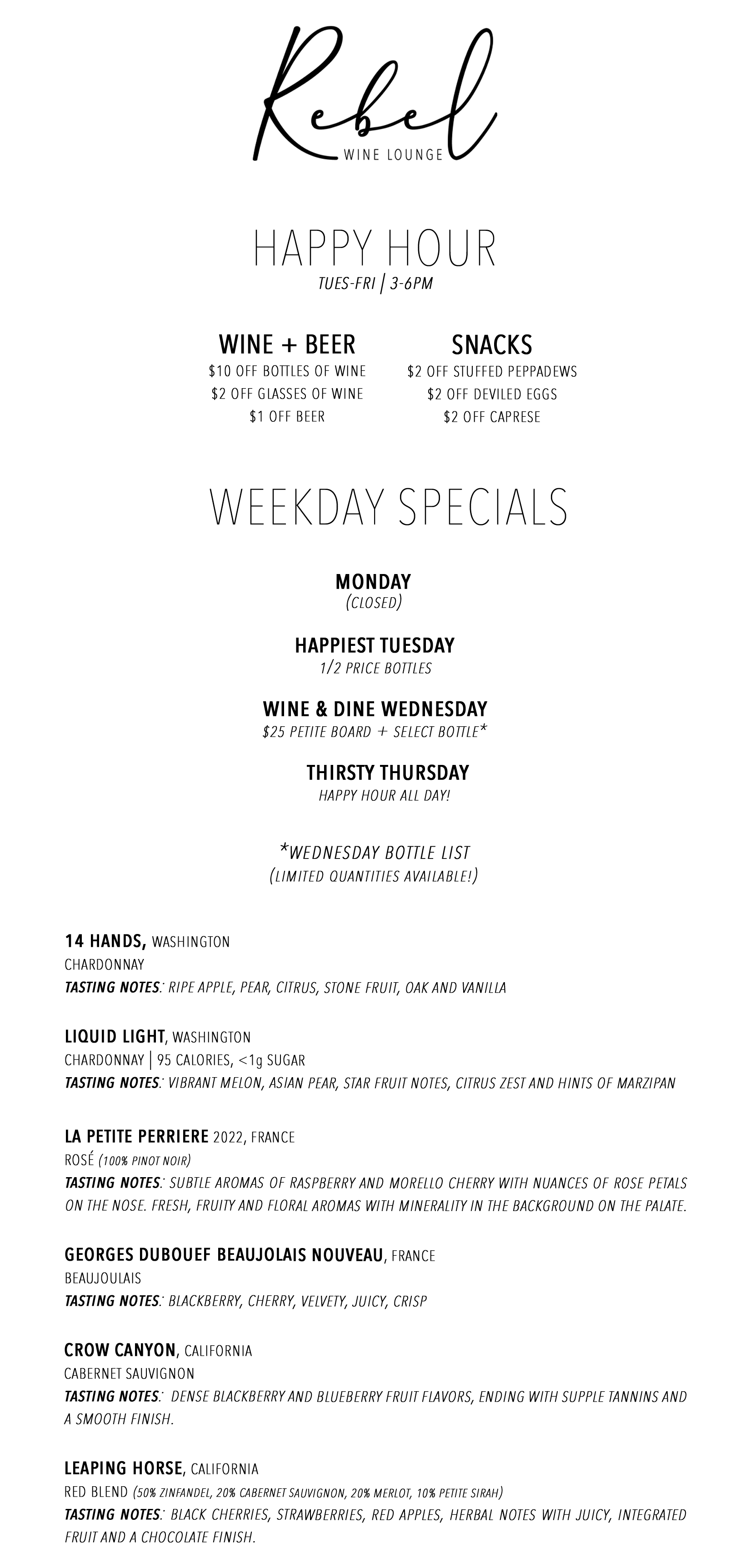 weekday specials and happy hour menu 1.5.26