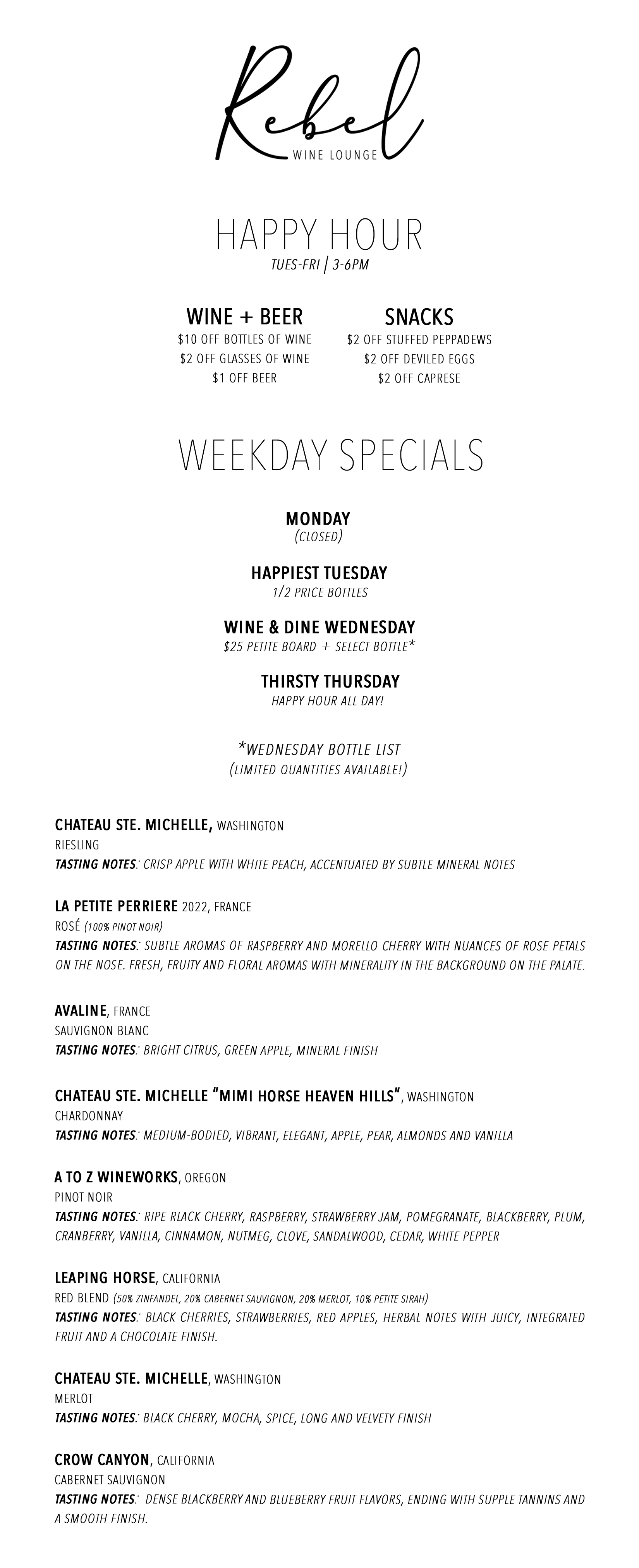 weekday specials and happy hour menu 1.14.26