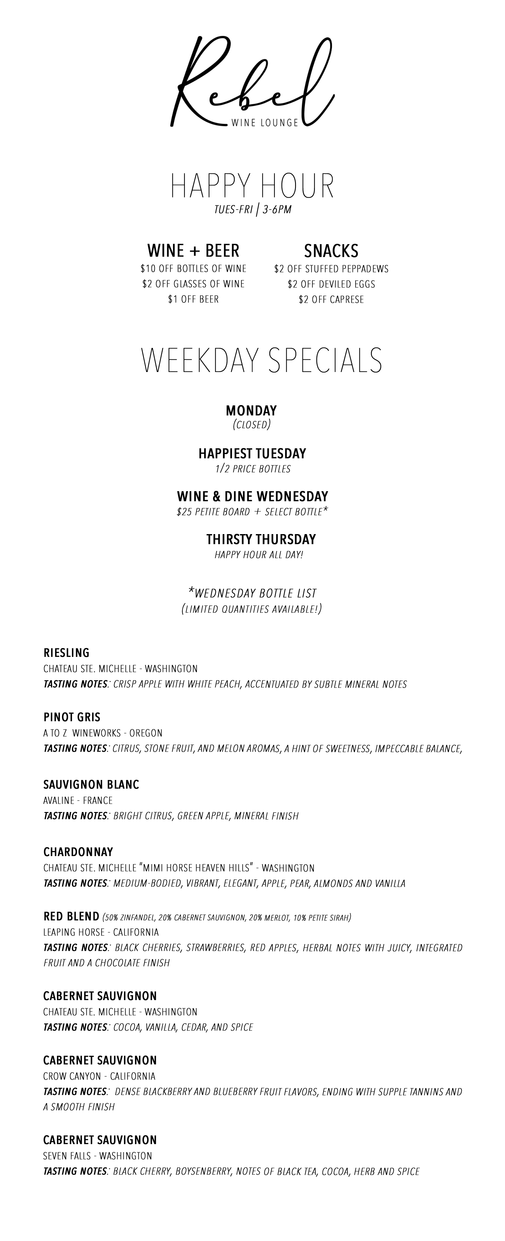 weekday specials and happy hour menu 2.11.26