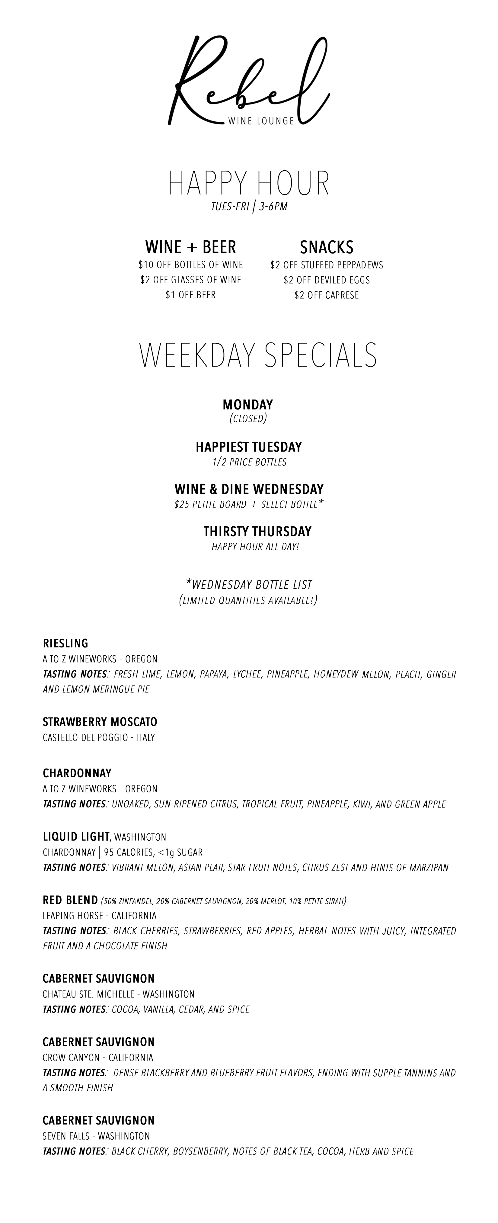 weekday specials and happy hour menu 2.18.26