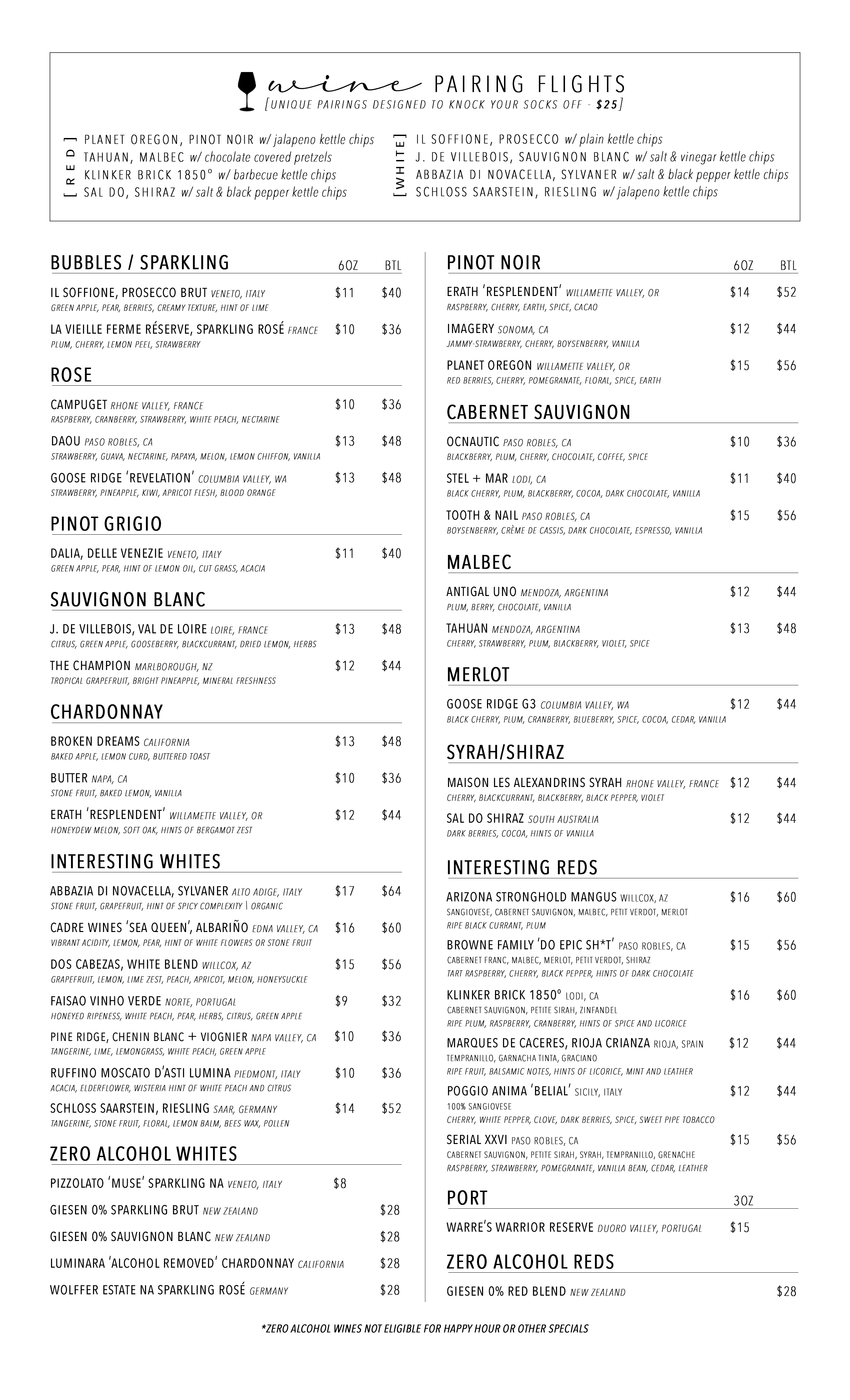 Rebel Wine Lounge Wine Menu, Fine Wine, Non-Alcoholic Wine