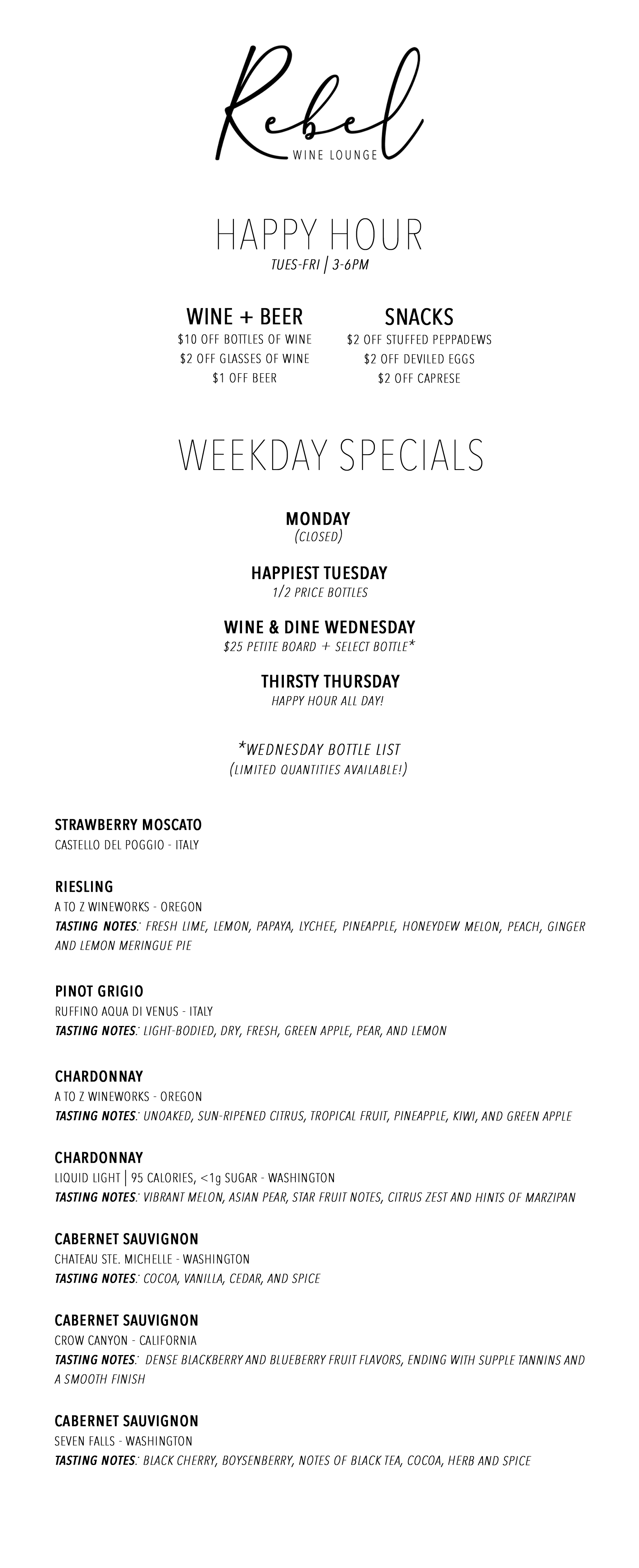 weekday specials and happy hour menu 3.4.26