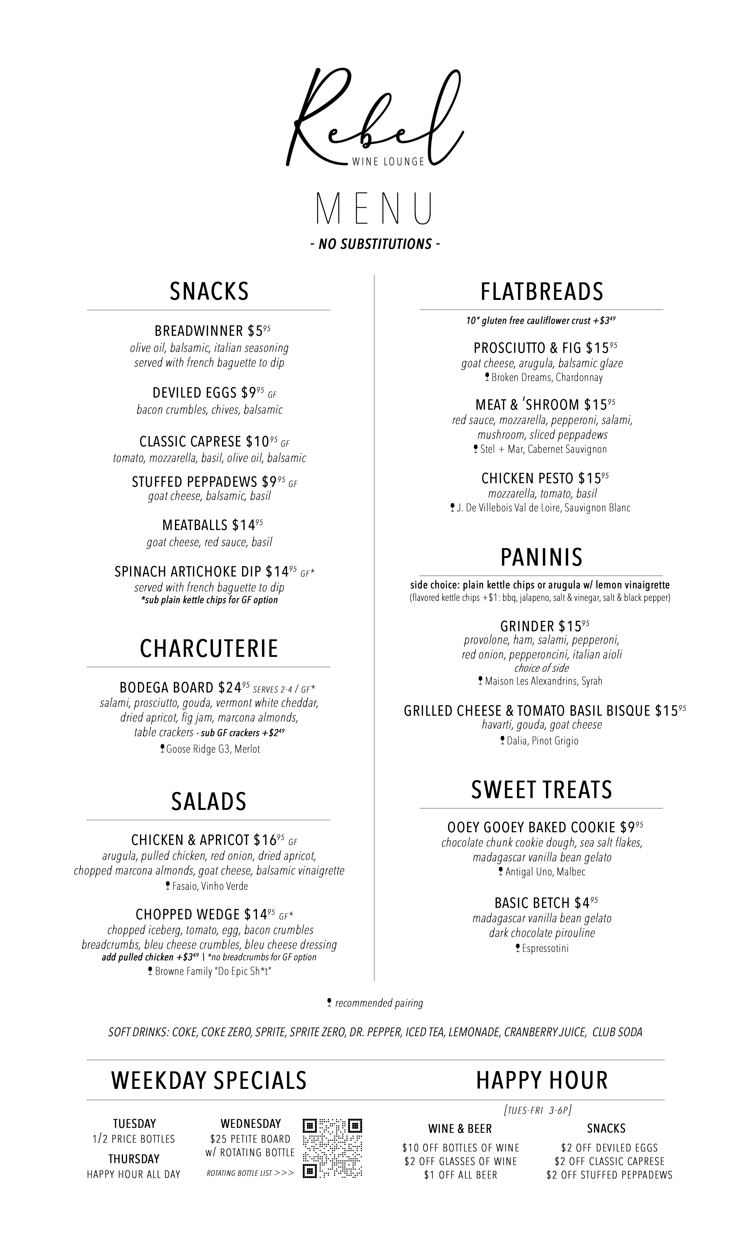 Rebel Wine Lounge Lunch Dinner Food Menu 03.15.26