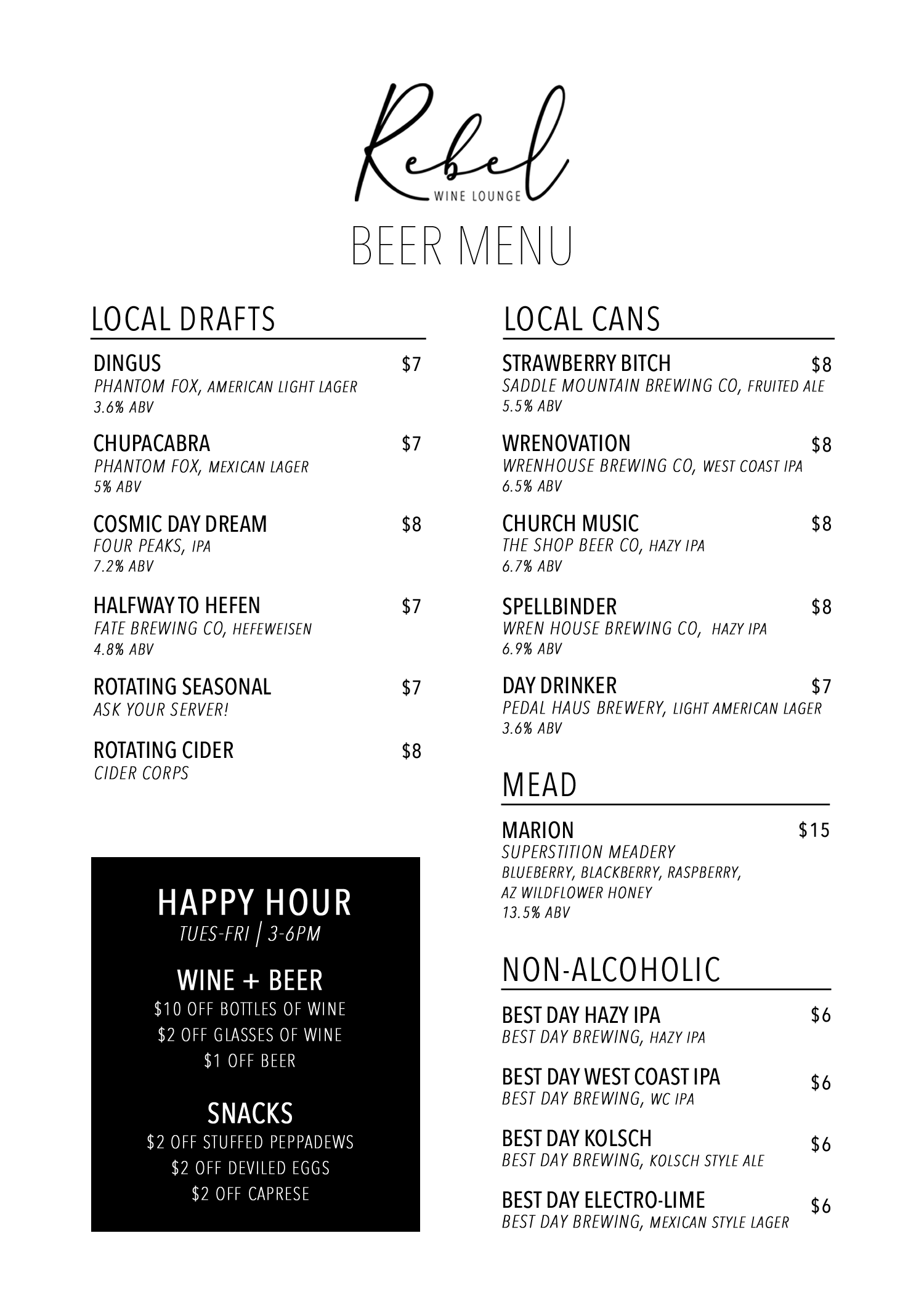 Beer Menu and Specials 3.14.26