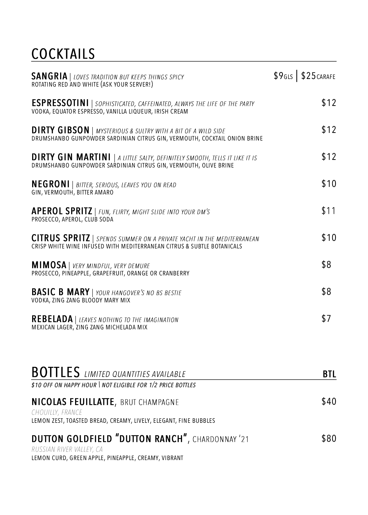 Rebel Wine Lounge downtown Mesa bottle list and cocktails