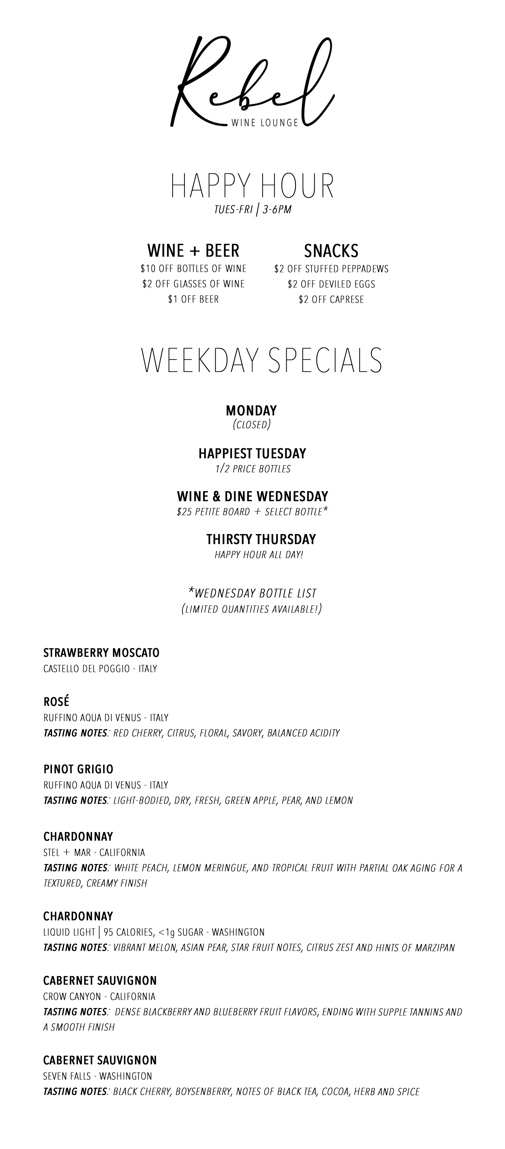 weekday specials and happy hour menu 4.8.26
