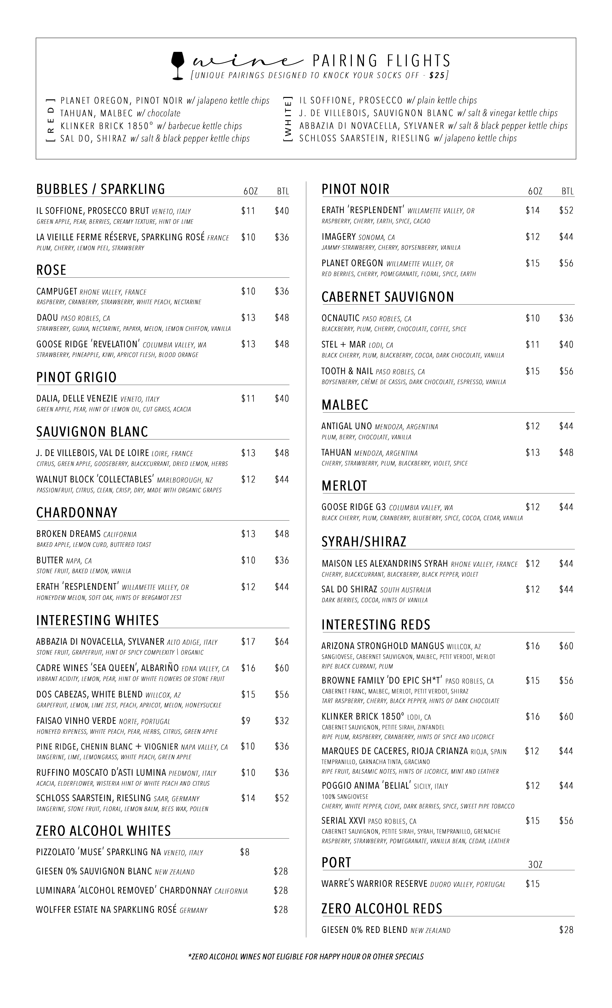 Rebel Wine Lounge Wine Menu, Fine Wine, Non-Alcoholic Wine