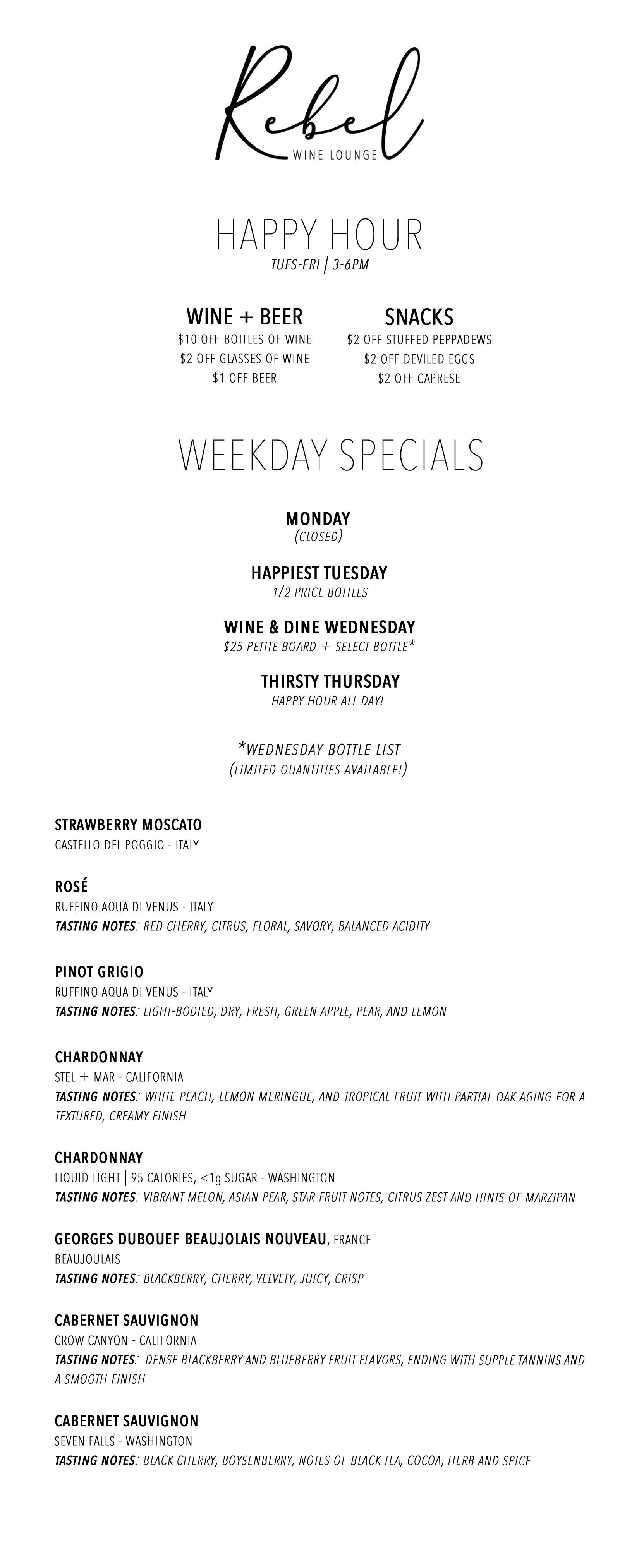 weekday specials and happy hour menu 4.1.26