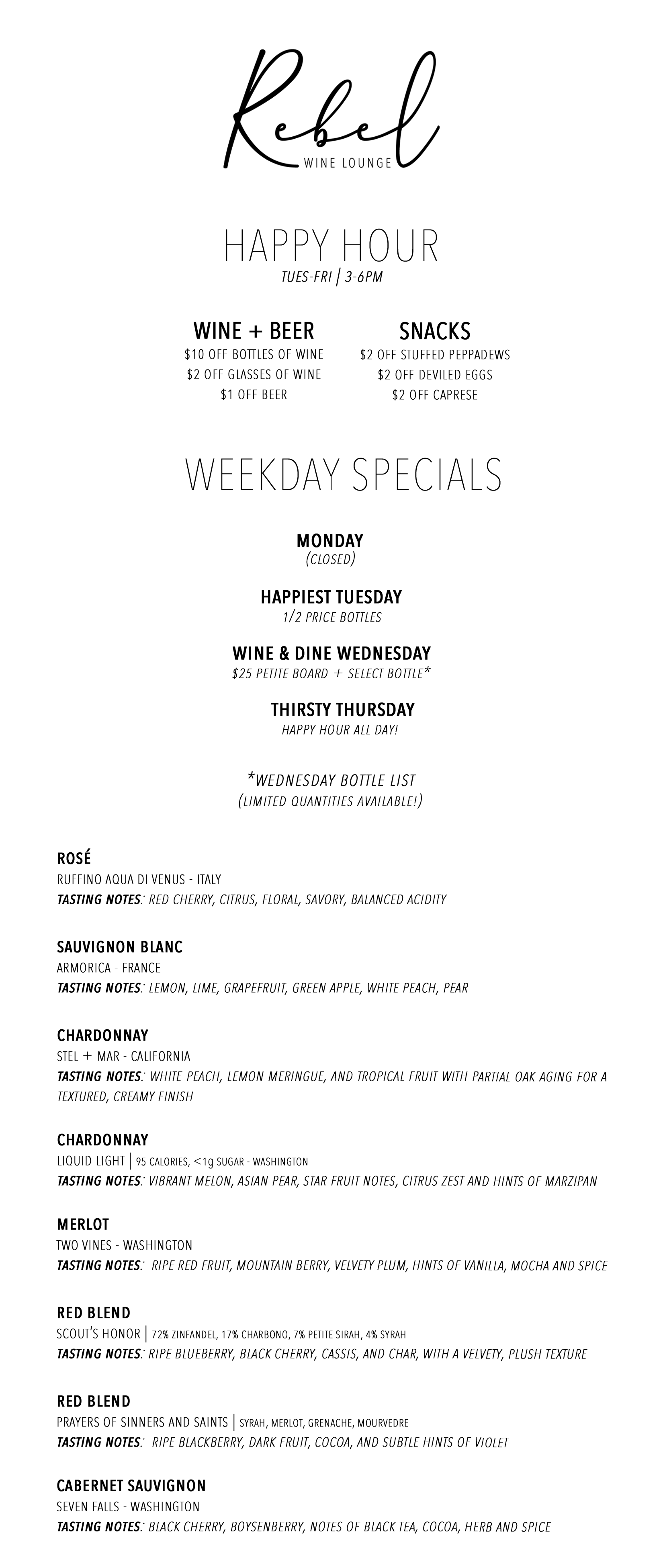 weekday specials and happy hour menu 05.20.26