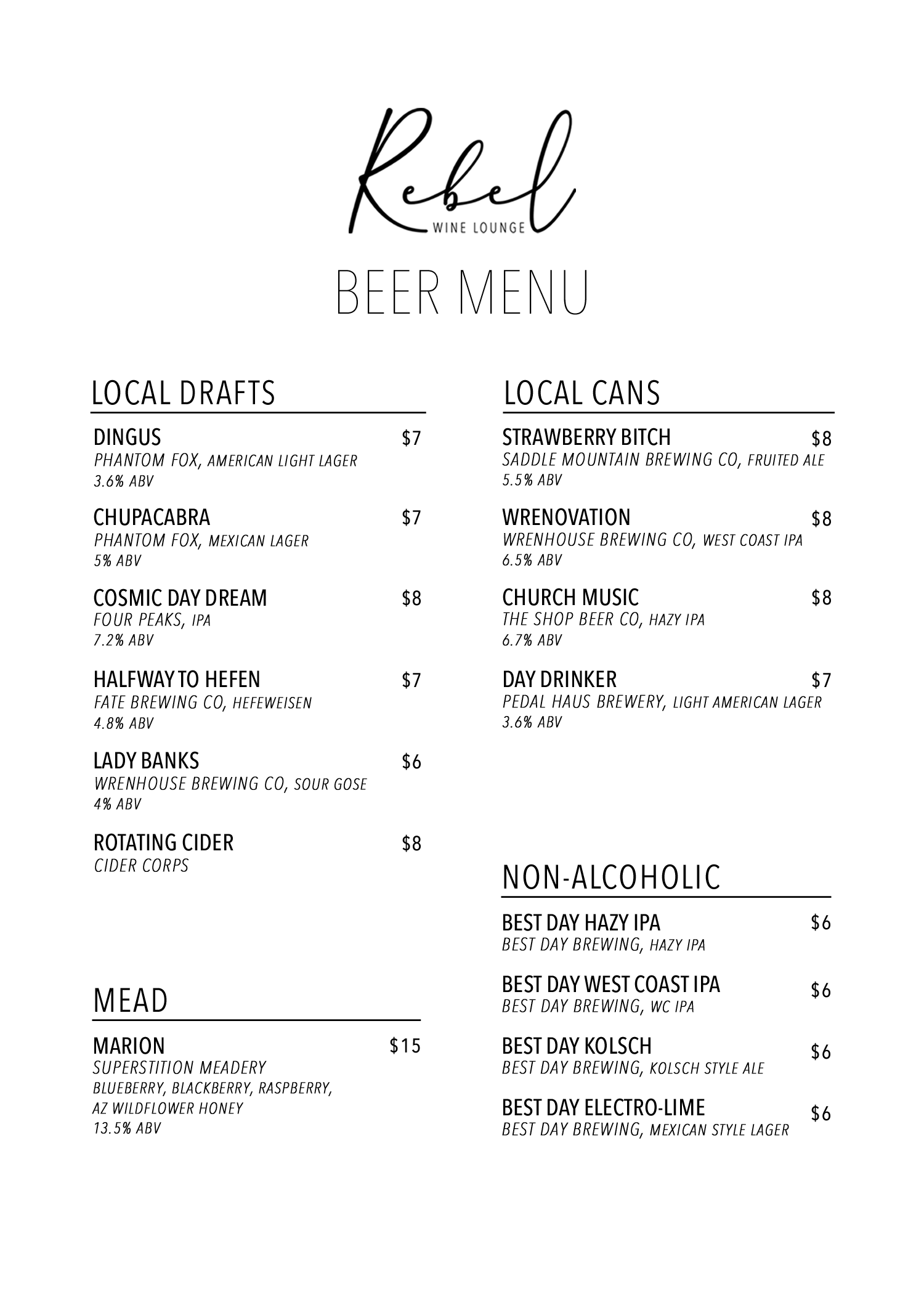 Beer Menu and Specials 6.26.26
