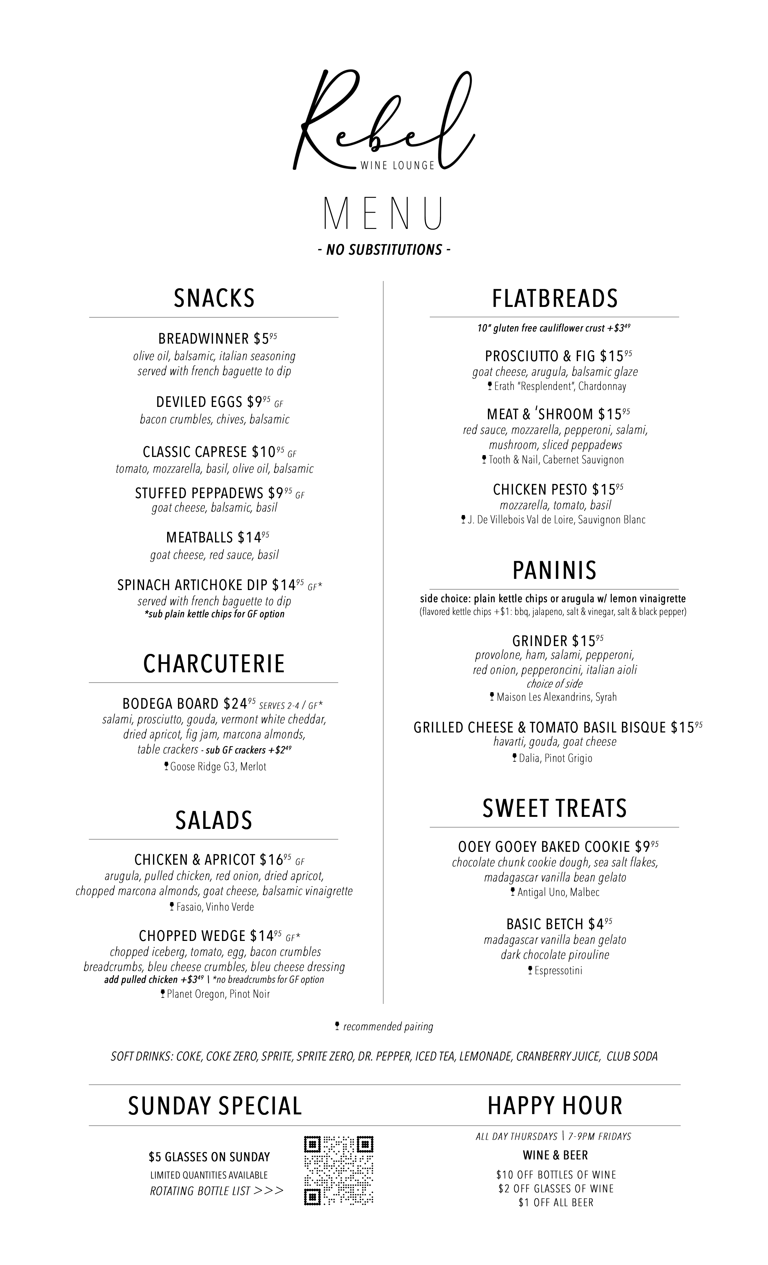 Rebel Wine Lounge Lunch Dinner Food Menu Summer 2026