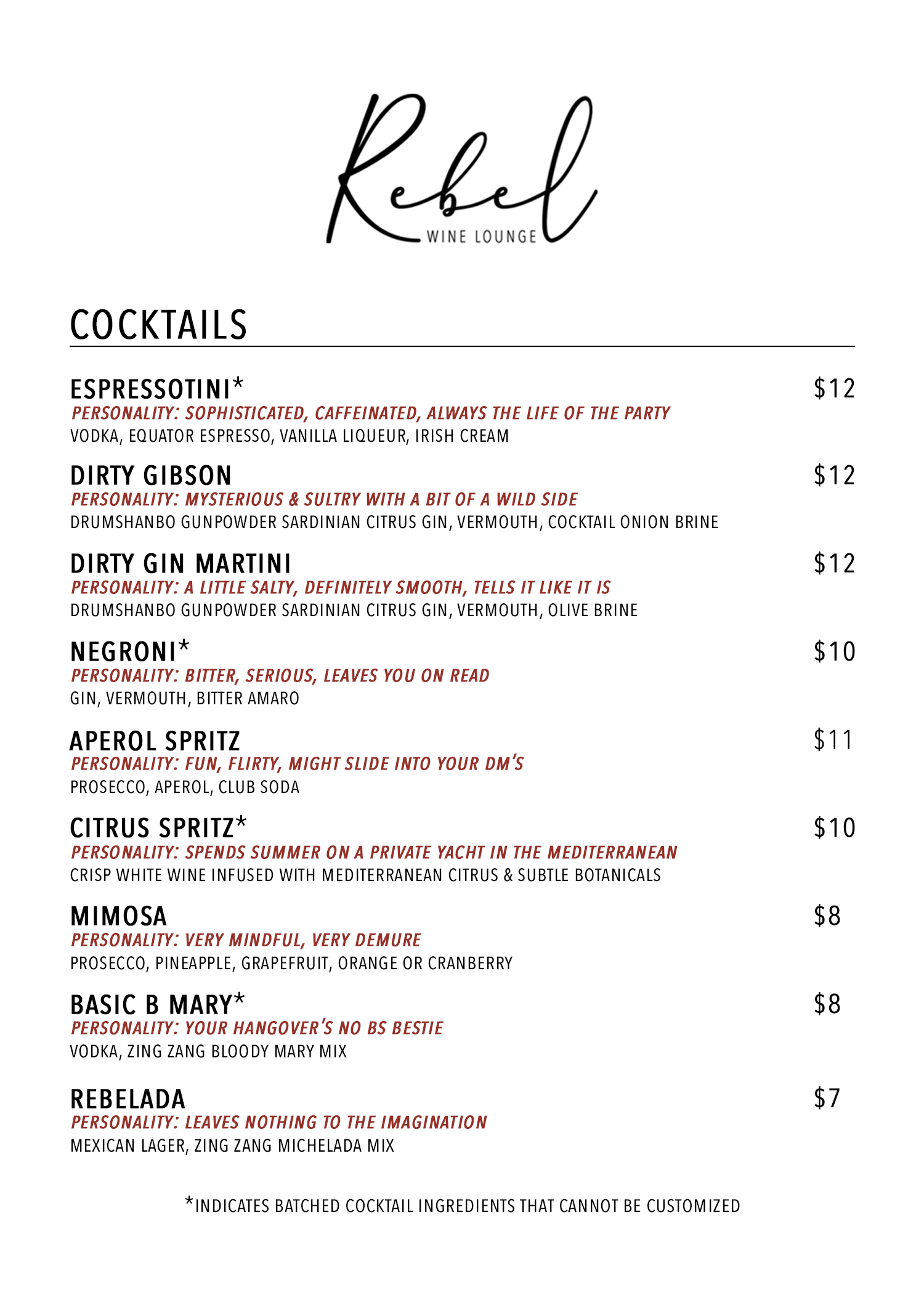 Rebel Wine Lounge downtown Mesa bottle list and cocktails