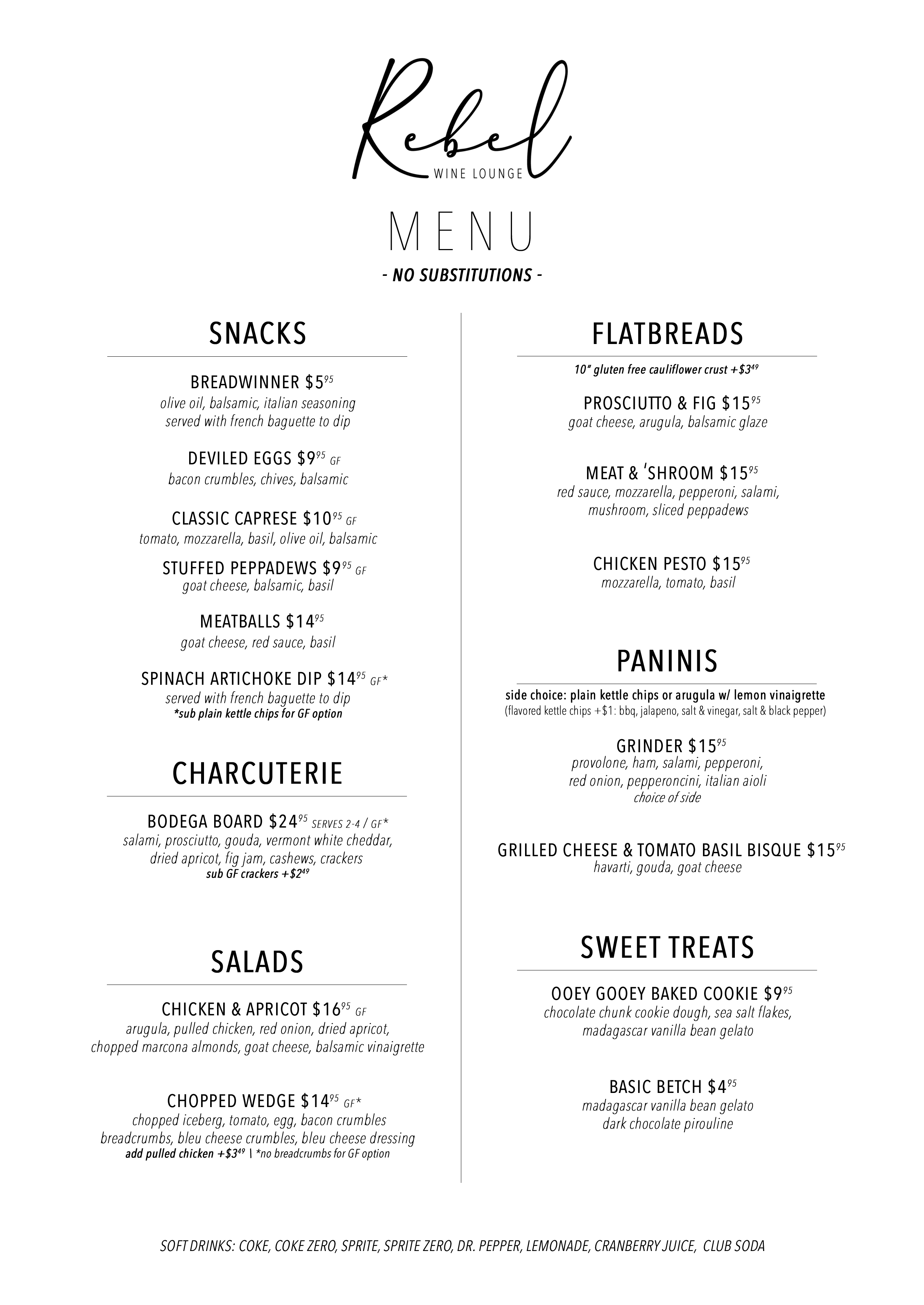 Rebel Wine Lounge Lunch Dinner Food Menu CLOSING