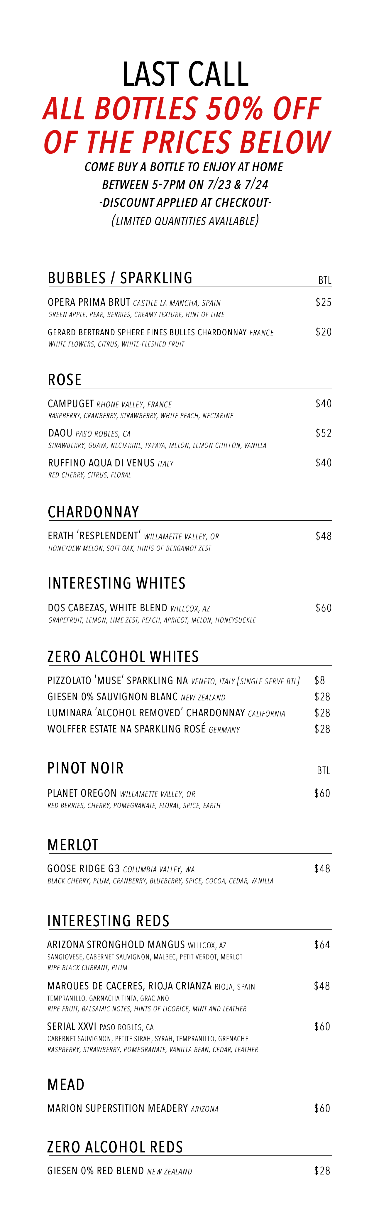 Rebel Wine Lounge CLOSING Wine Menu, Fine Wine, Non-Alcoholic Wine